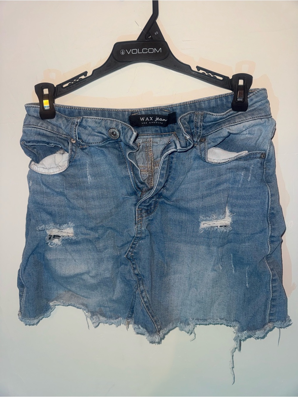 Wax Jean Light Blue Distressed Denim Mini Skirt